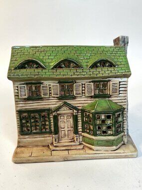 Hand-Painted Ceramic Village Cottage With Green Roof & Bay Window Design